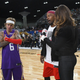 Justin Bieber and Jamie Foxx take the floor during player introductions prior to the 2018 NBA All-Star Game Celebrity Game on Feb. 16, 2018, in Los Angeles. (Jayne Kamin-Oncea/Getty Images)